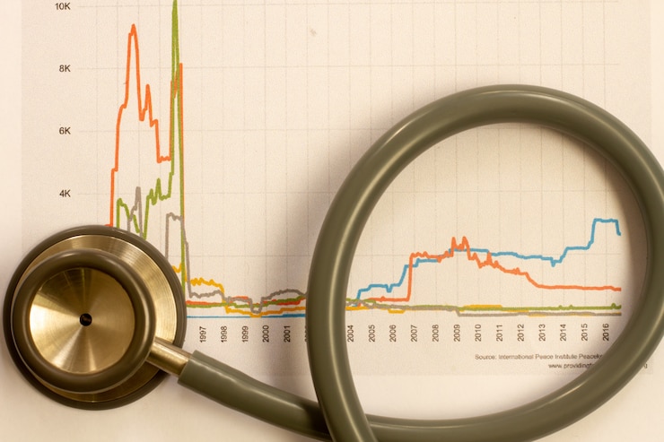 Foto estadísticas médicas y cuadros gráficos con estetoscopio.