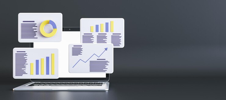 Foto estadísticas de proyectos, gráficos de ventas de datos financieros, preparación de informes y sincronización de datos en ventanas digitales y portátiles en un fondo oscuro con lugar para maquetas de renderizado 3d de carteles publicitarios