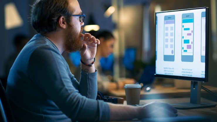 Foto estadístico profesional trabaja con gráficos en su computadora personal en segundo plano