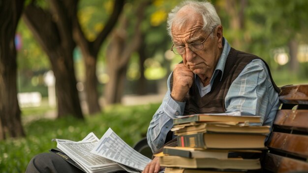 Un estadístico solitario se sienta en un banco del parque rodeado de libros y papeles llenos de números que