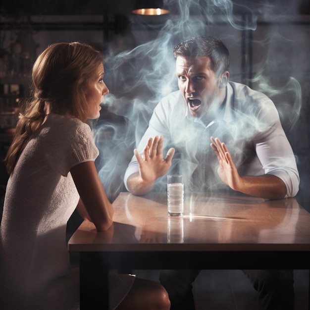 Foto un estado de ánimo enojado de mujer y hombre con humo