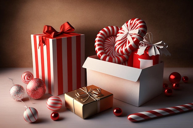 Estado de ánimo festivo con cajas de regalo de navidad tarjeta y accesorios de navidad en mesa de madera feliz navidad