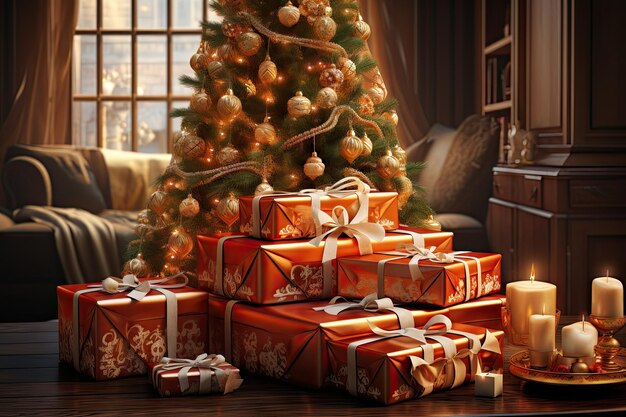 Foto el estado de ánimo festivo de navidad y el árbol de navidad presente con decoraciones