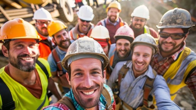 Foto en un estado de ánimo lúdico un grupo de trabajadores de la construcción hacen fila para una selfie grupal tonto sus cascos duros