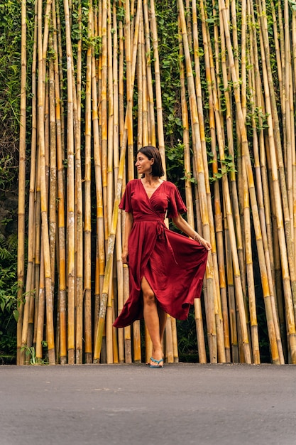 Estado de ánimo romántico. Encantado, persona femenina, tenencia, parte, de, ella, vestido, y, mirar a un lado colección de foto