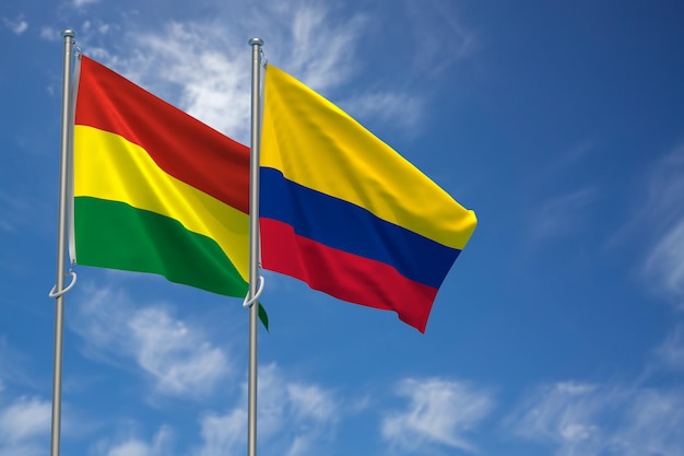 Estado Plurinacional de Bolivia y República de Colombia Banderas sobre fondo de cielo azul Ilustración 3D