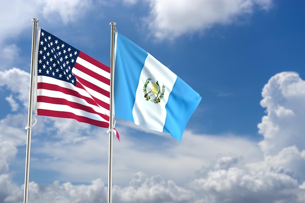 Estados Unidos de América y Guatemala banderas sobre fondo de cielo azul ilustración 3D