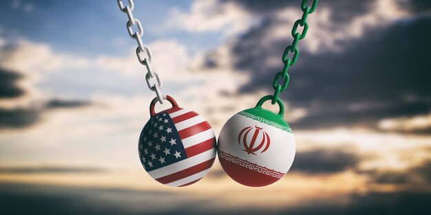 Estados Unidos y las banderas iraníes destruyen las bolas que se balancean en el fondo azul del cielo nublado ilustración 3d