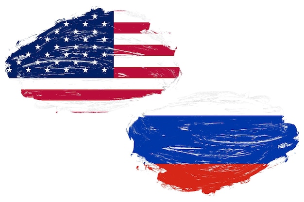 Estados Unidos e bandeira da rússia juntos em um fundo de pincel de traço branco