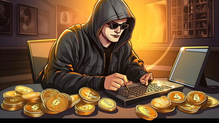 Foto estafador de bitcoin en el portátil papel de pared uhd
