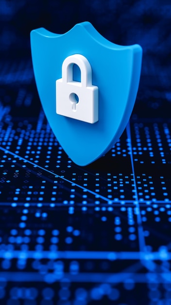 Foto estágio de circuitos azuis com um escudo e cadeado branco tecnologia de rede de dados e tema de segurança