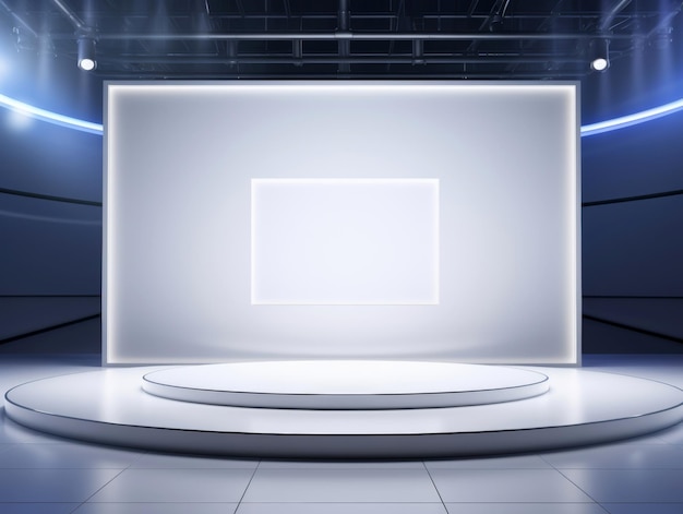 Foto estágio de evento tecnológico contemporâneo com um pódio branco elegante com uma grande tela
