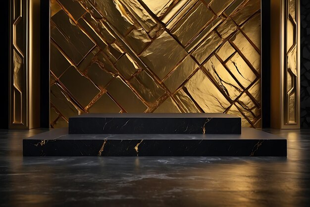 Estágio de exibição de produtos de pedra preta dourada vazia com fundo 3D com pódio de rocha de estrutura