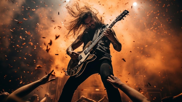 Estágio de fogo guitarrista de heavy metal triturando com headbang fãs selvagens