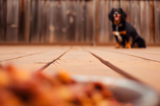 Foto estágio de madeira vazia imagem borrada de um cão implorando por guloseimas de churrasco