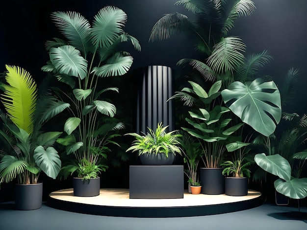Foto estágio de pódio de cerâmica preta cercado por plantas tropicais generativas ai