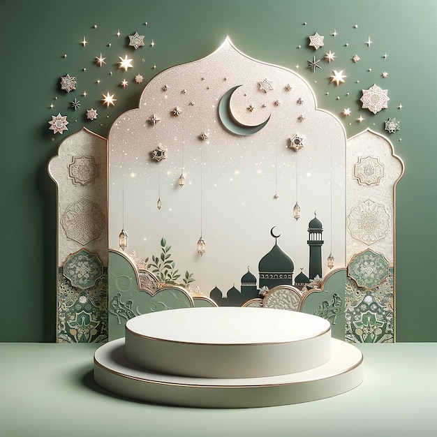 Estágio de pódio quadrado para o Eid Mubarak Ramadan exibição de produtos espaço de fundo 3D