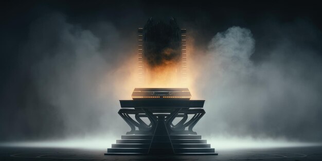 estágio de pódio vazio futurista com plataforma de suporte alienígena generativa de fumaça e luz de neon ai scifi