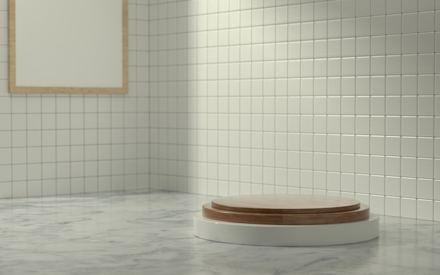Estágio de produto 3D na cena do banheiro com a luz do sol da manhã