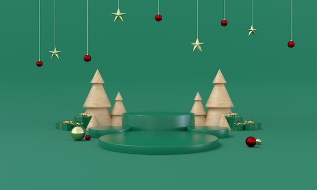 Estágio de produto de tema verde de Natal com árvore e estrelas para ilustração promocional ou banner 3d Foto Premium