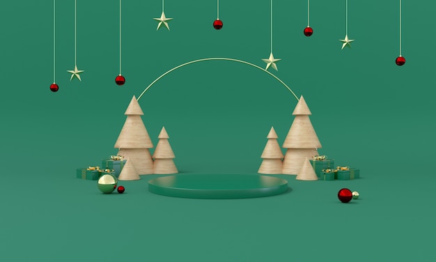 Estágio de produto de tema verde de Natal com árvore e estrelas para ilustração promocional ou banner 3d Foto Premium