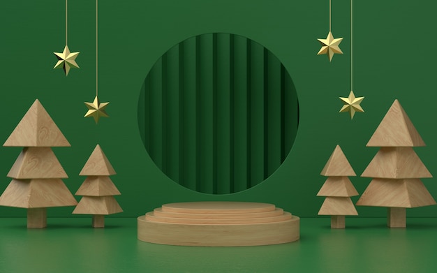 Estágio de produto de tema verde Natal com árvore de madeira e estrelas para promoção ou banner. Ilustração 3D