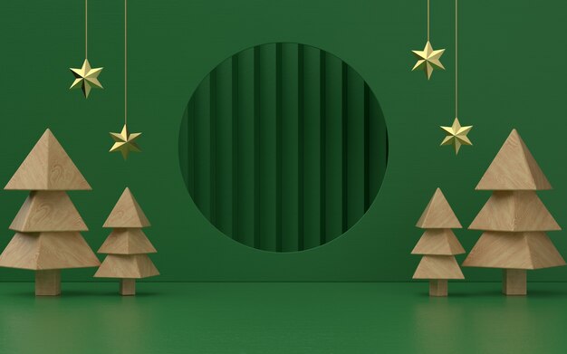 Estágio de produto de tema verde Natal com árvore de madeira e estrelas para promoção ou banner. Ilustração 3D