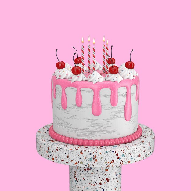 Estágio de produto e bolo de cereja de sobremesa de desenhos animados de aniversário abstrato com velas em um fundo rosa renderização 3d