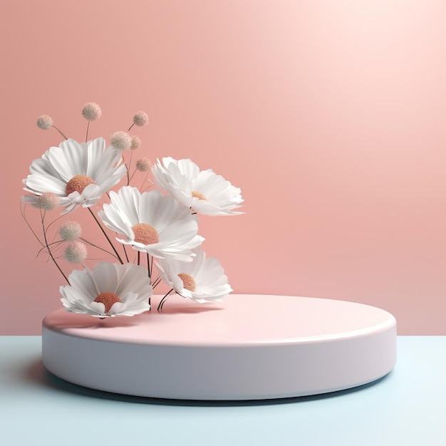 Estágio de produto redondo vazio com flores Lugar de pedestal de pódio para plataforma de demonstração de produtos Cores pastel de estilo minimalista