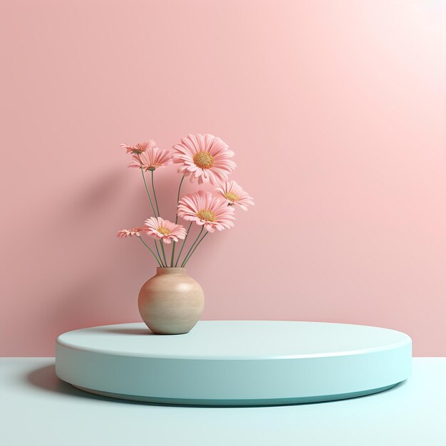 Estágio de produto redondo vazio com flores Lugar de pedestal de pódio para plataforma de demonstração de produtos Cores pastel de estilo minimalista