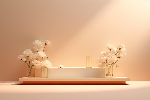 Estágio minimalista para design de produto com flores