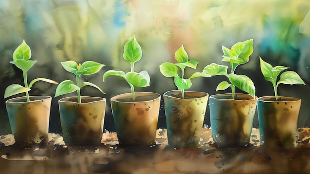 Estágios de crescimento das plantas retratados numa fileira de vasos biodegradáveis ideais para promoções do Dia da Terra e
