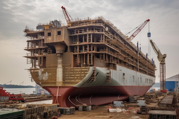 Estaleiro com enorme navio sendo construído da quilha para cima