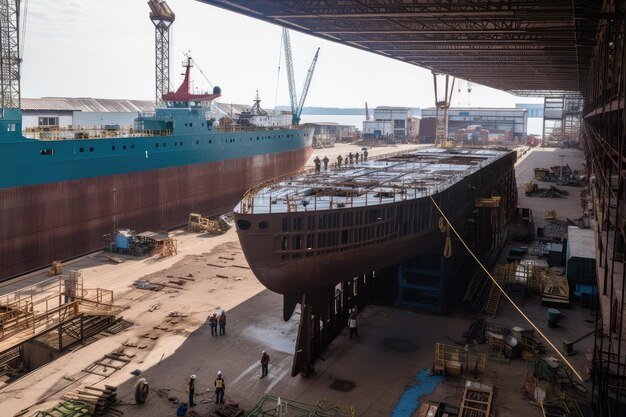 Estaleiro com vista dos trabalhadores dando os retoques finais em uma embarcação recém-construída