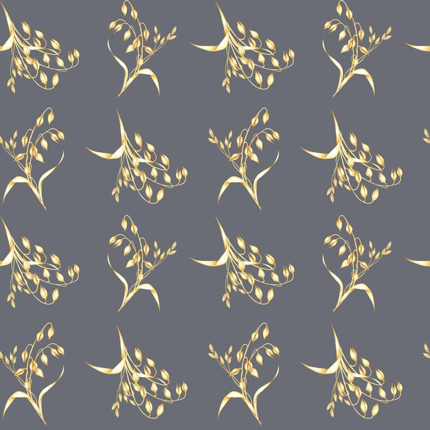 Estambres de avena patrón sin costuras con fondo gris ramos de avena dorada Avena sativa acuarela clipart Ilustración para diseños de telas envases con temas naturales