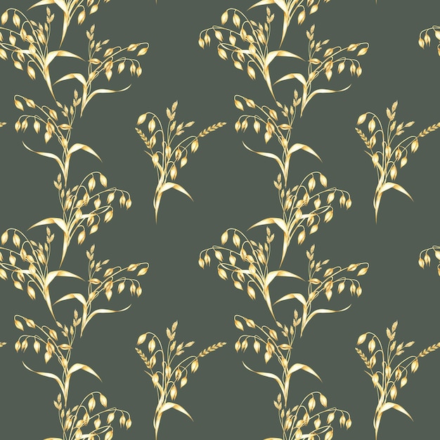 Estambres de avena patrón sin costuras en fondo verde oscuro ramos de avena dorada Avena sativa acuarela clipart Ilustración para para textiles de temática de otoño papel tapiz rústico
