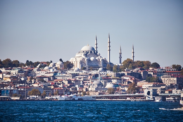 ESTAMBUL / TURQUÍA - 10 DE OCTUBRE DE 2019: La antigua gran mezquita de Suleymaniye en Estambul, Turquía es un símbolo de la ciudad. Magnífica arquitectura islámica otomana.