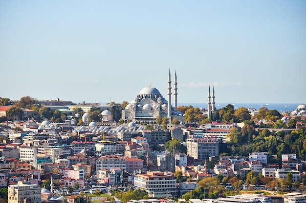 Foto estambul / turquía - 10 de octubre de 2019: la antigua gran mezquita de suleymaniye en estambul, turquía es un símbolo de la ciudad. magnífica arquitectura islámica otomana.