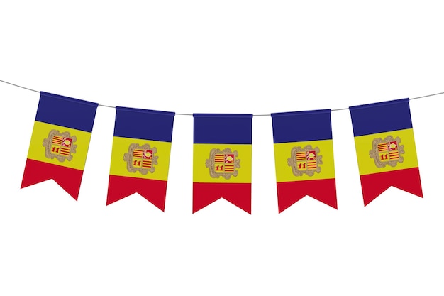 Estamenha festiva da bandeira nacional de Andorra contra uma renderização 3D de fundo branco liso