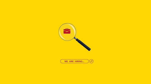 Estamos contratando un diseño con una lupa sobre un fondo amarillo mínimo estamos contratando
