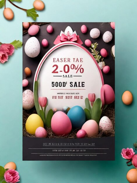 Foto estampa de cartel y pancarta de pascua con huevos de pascua dorados en el nido orejas de conejo bonitas saludos y regalos para el día de pascua en estilo plano promoción y plantilla de compras para pascua