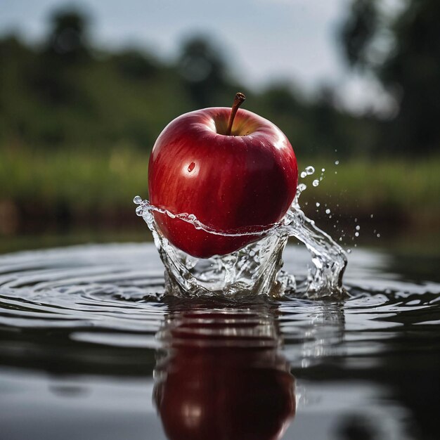 Foto estampa de publicidad de fondo de apple roja premium salpicando con agua fresca