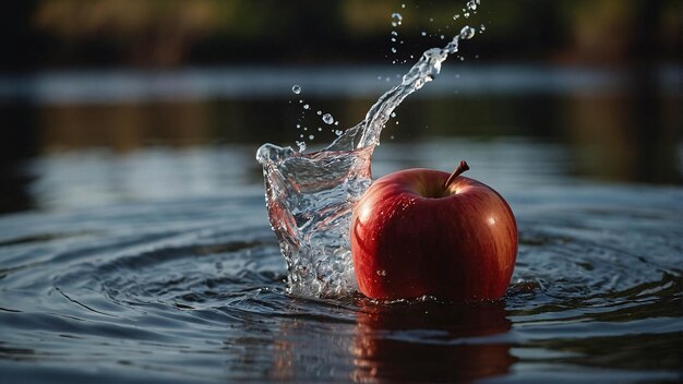 Estampa de publicidad de fondo de Apple Roja Premium salpicando con agua fresca