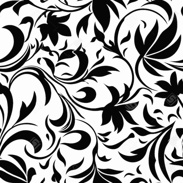 Un estampado floral blanco y negro con hojas y flores ai generativo.