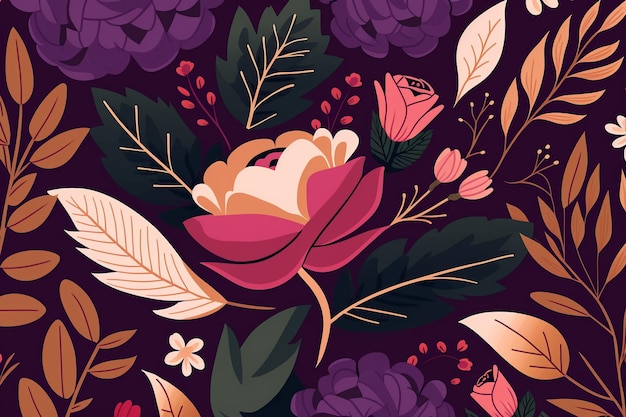 Un estampado floral con flores y hojas.