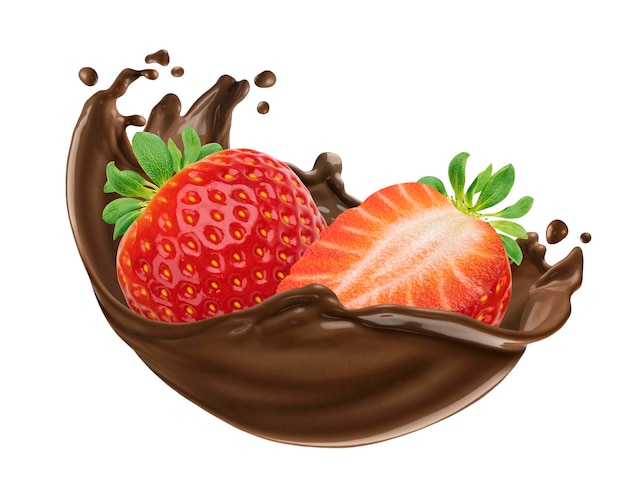 Estampida de fresa y chocolate aislada sobre fondo blanco con camino de recorte