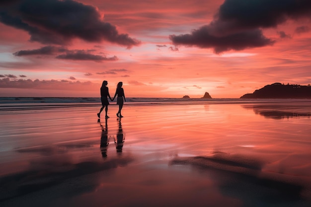 Están caminando en la playa al atardecer tomados de la mano ai generativo