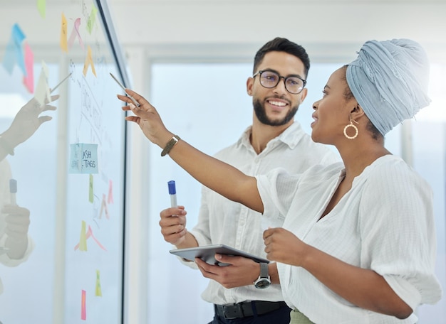 Están en la cima de su juego Captura recortada de dos jóvenes empresarios diversos que trabajan en un tablero de limpieza de vidrio en la sala de juntas