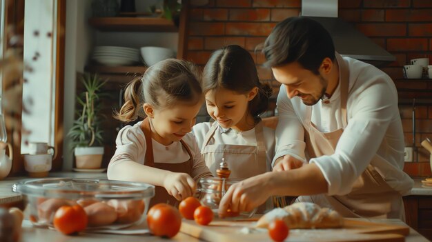 están cocinando juntos en la cocina están todos con delantales y parecen felices hay tomates albahaca y pan en la mesa