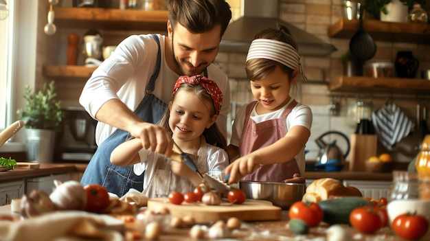 están cocinando juntos en la cocina están todos sonriendo y divirtiéndose el padre está cortando las verduras